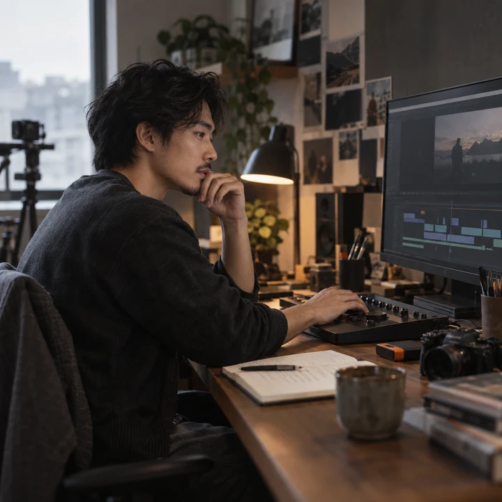 Seedream 5.5 の例:スタジオのデスクでデスクトップモニターの動画を確認するクリエイター