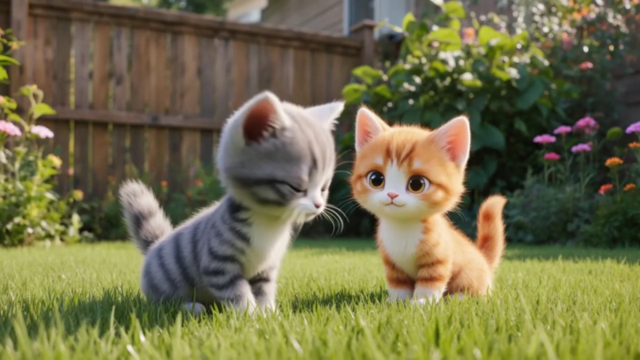 Two illustrated kittens in a flower garden