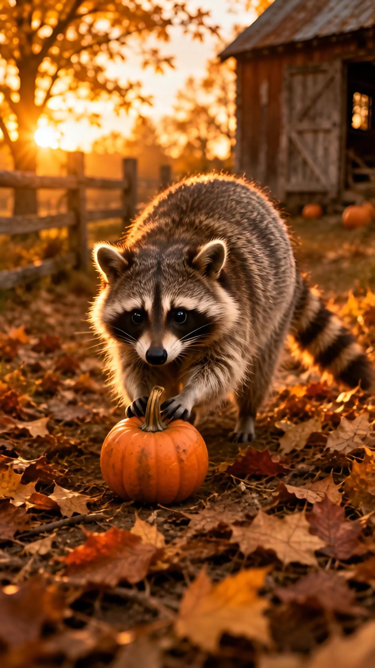A raccoon beside pumpkins in autumn
