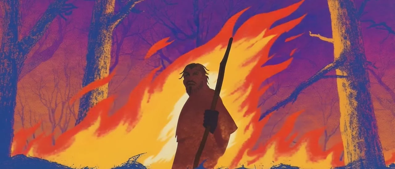 A graphic character illustration in violet and orange