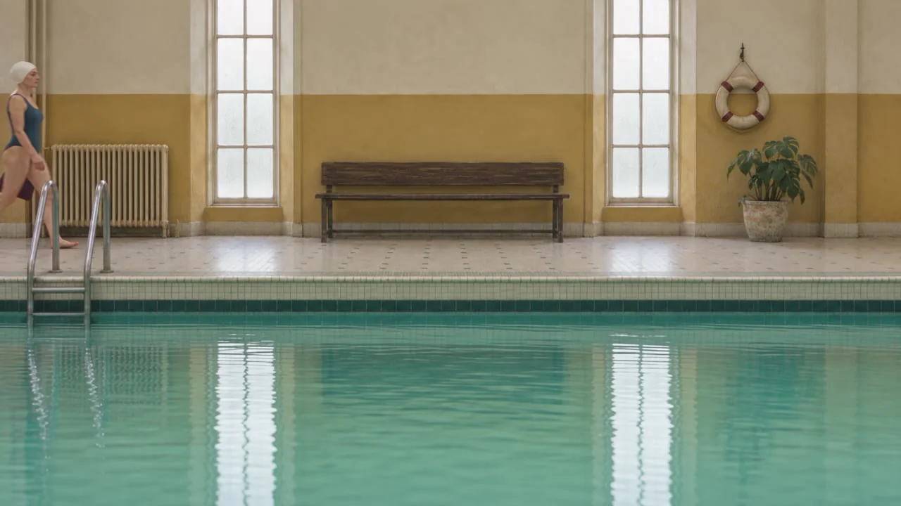 A vintage indoor pool with symmetrical architecture