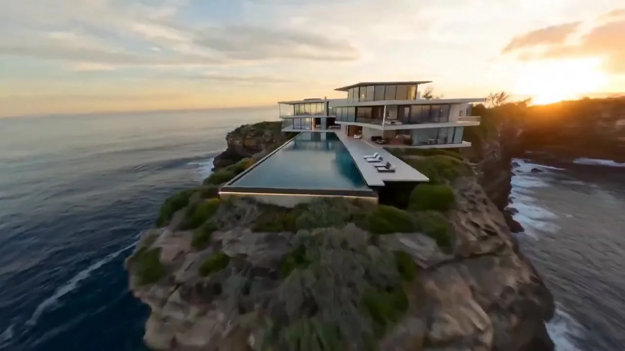 A modern coastal villa at sunset