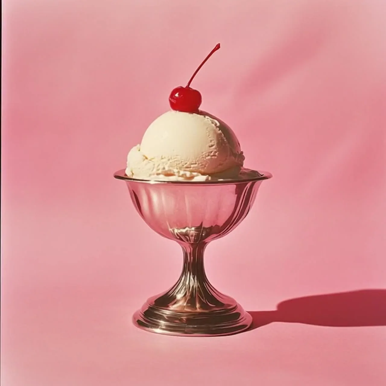 Cherry-topped ice cream on a pink studio background